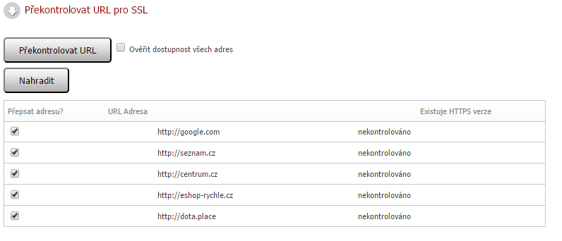 Kontrola URL pro SSL v administraci Eshop-rychle-cz