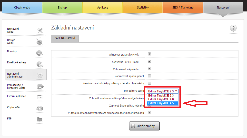 Nový TinyMCE editor a souborový manažer