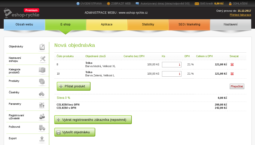 Nová zrychlená objednávka v administraci Eshop-rychle