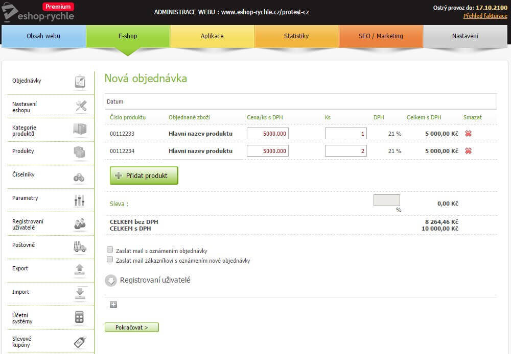 Původní objednávka v administraci Eshop-rychle