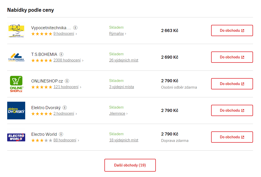 Výpis nabídek produktu seřazený podle ceny