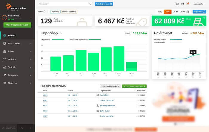 Náhled nového návrhu domovské stránky administrace Eshop-rychle