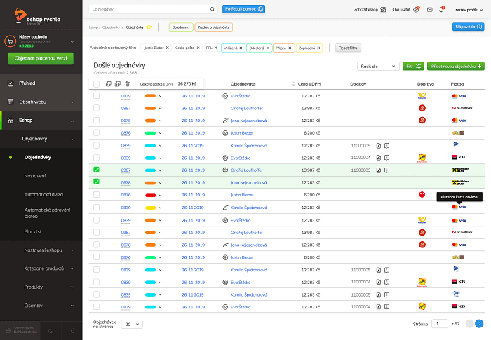 Náhled nového návrhu stránky s objednávkami - administrace Eshop-rychle